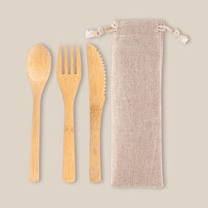 EgotierPro 52039 - Bamboo Cutlery Set in Cotton-Linen Bag CORAL