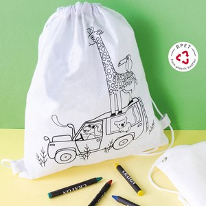 EgotierPro 52046 - White RPET Bag with Animals & Crayons SAFUN